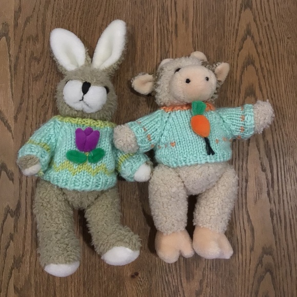 Vintage HugFun 1999 Plush Bunny Rabbit&Cow 10" Doll Flower Knitted Teal Sweater - Picture 9 of 10